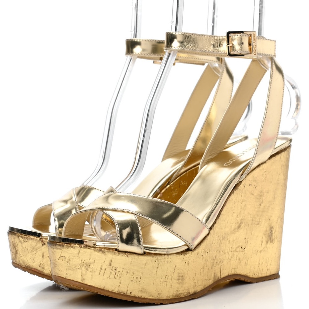 Jimmy Choo Papyrus Wedge Gold Cork Leather Sandals